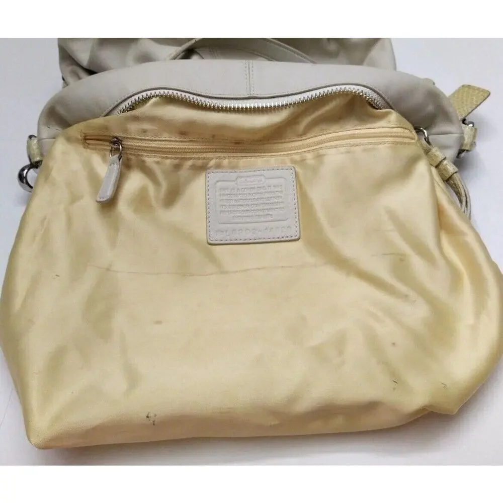 Coach Ivory Soft Leather Snakeskin Detail Zipper Hobo Shoulder Bag